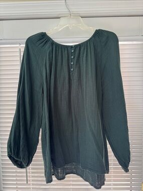 Dark Green Peasant Blouse with Button Front - Women’s Long Sleeve Top